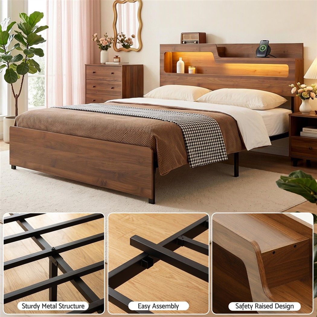 King Bed Frame Metal with Charging Station LED Light Storage Shelf