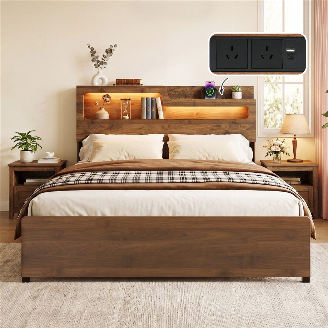 Queen Bed Frame Metal with Charging Station LED Light Storage Shelf
