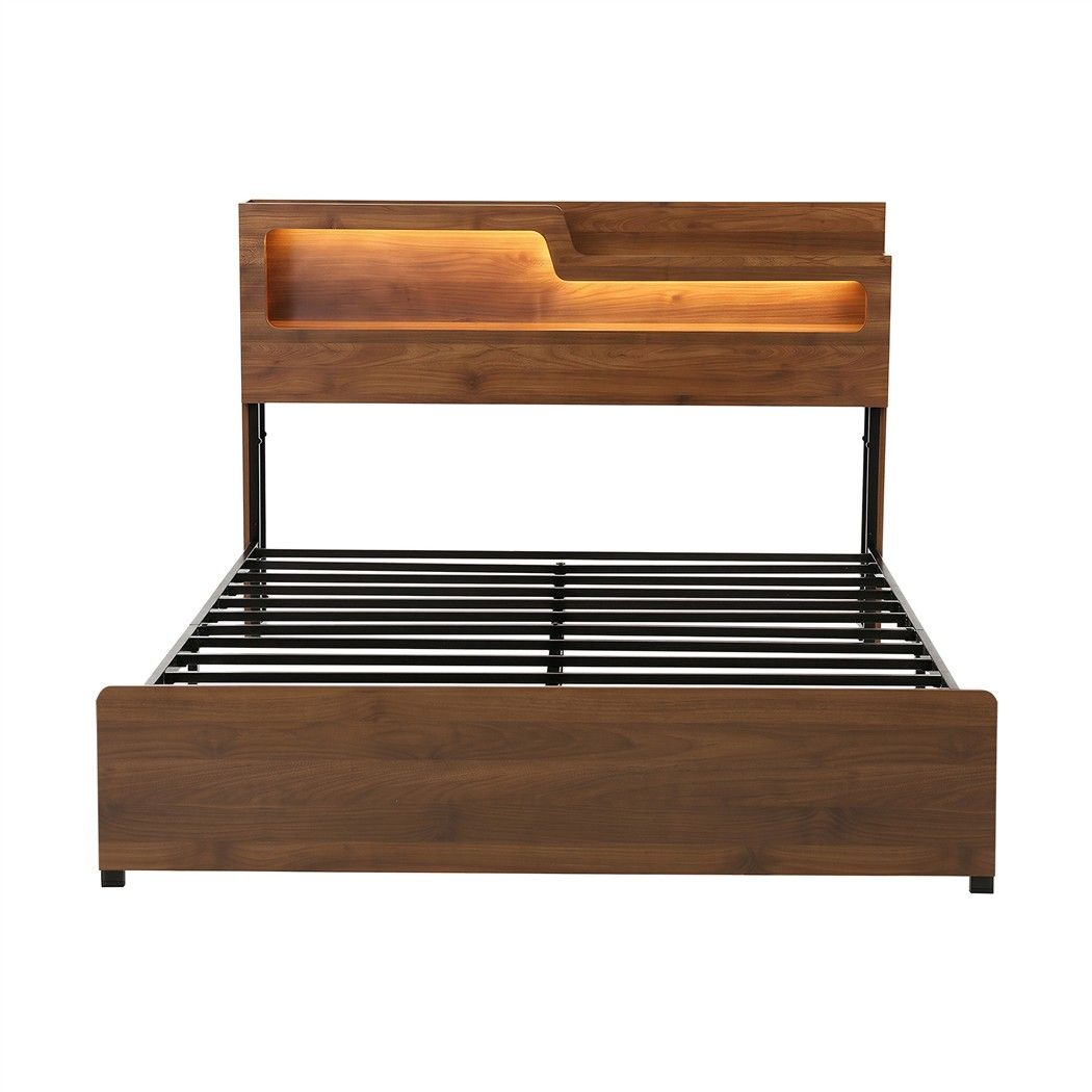 Queen Bed Frame Metal with Charging Station LED Light Storage Shelf