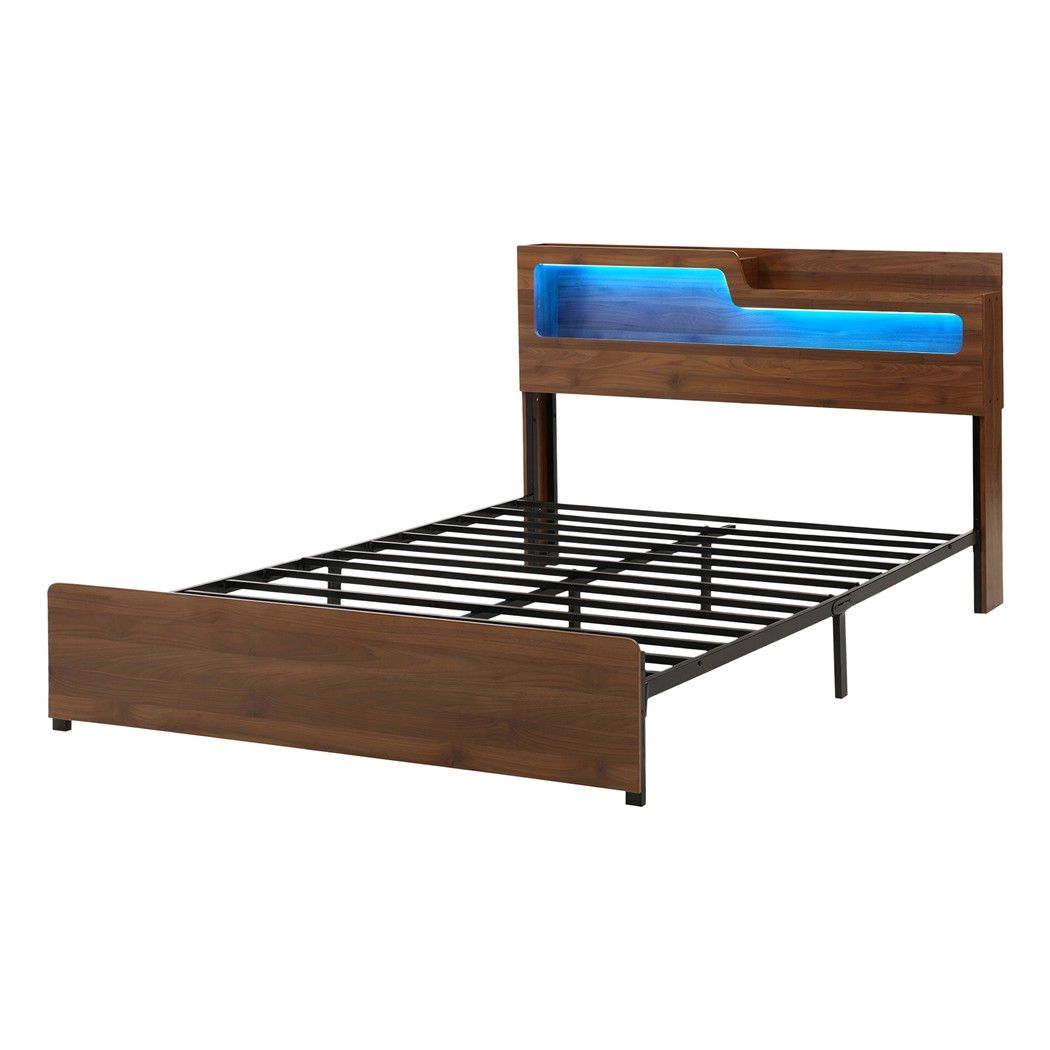 Queen Bed Frame Metal with Charging Station LED Light Storage Shelf