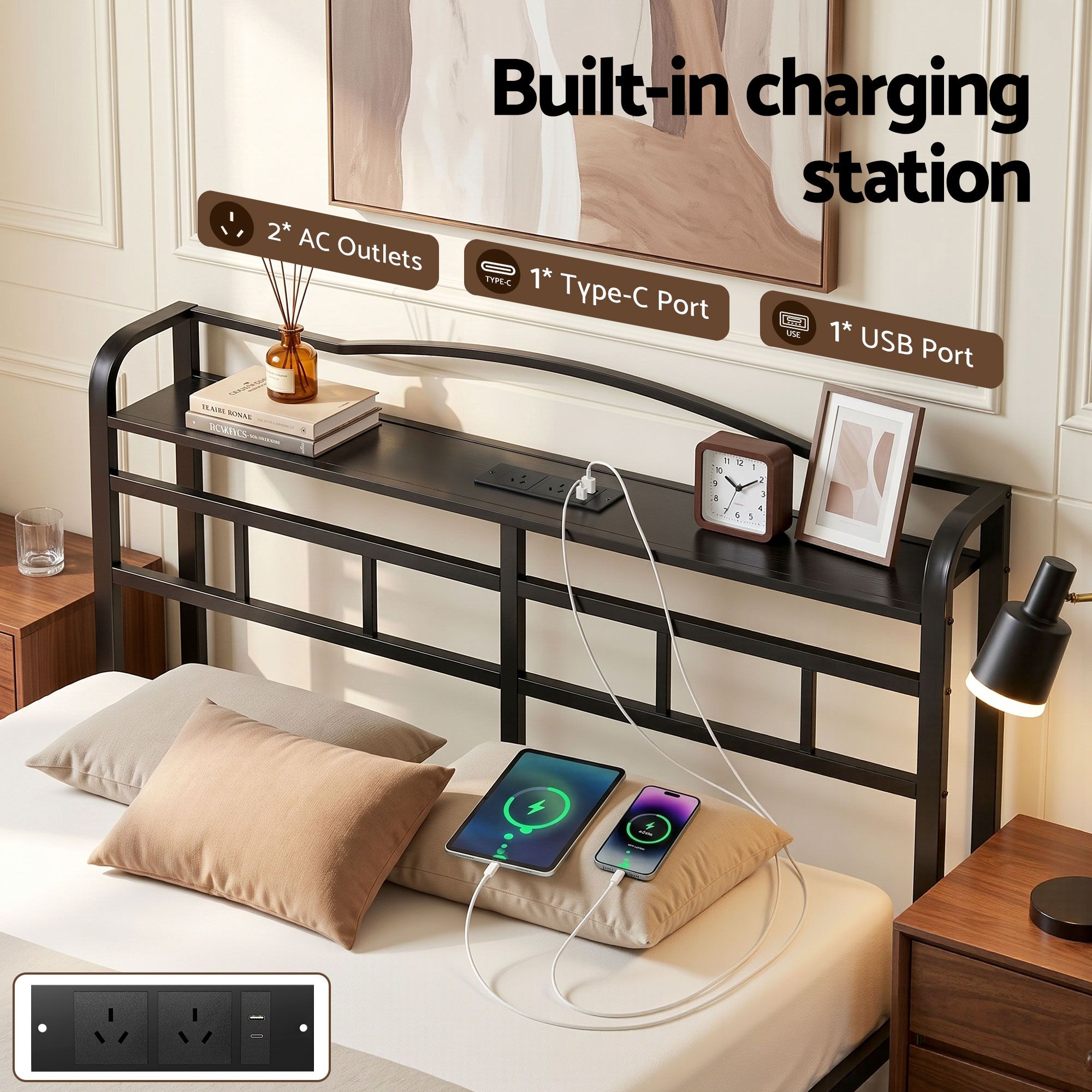 Queen Size Bed Frame with Charging Station and Storage - Black