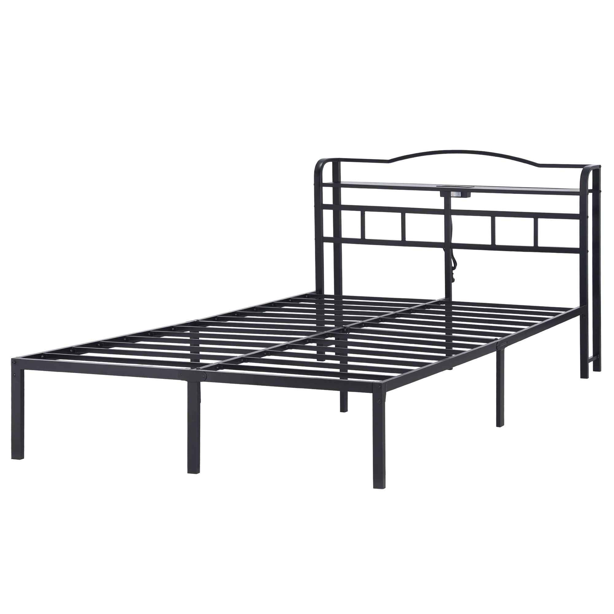 Queen Size Bed Frame with Charging Station and Storage - Black