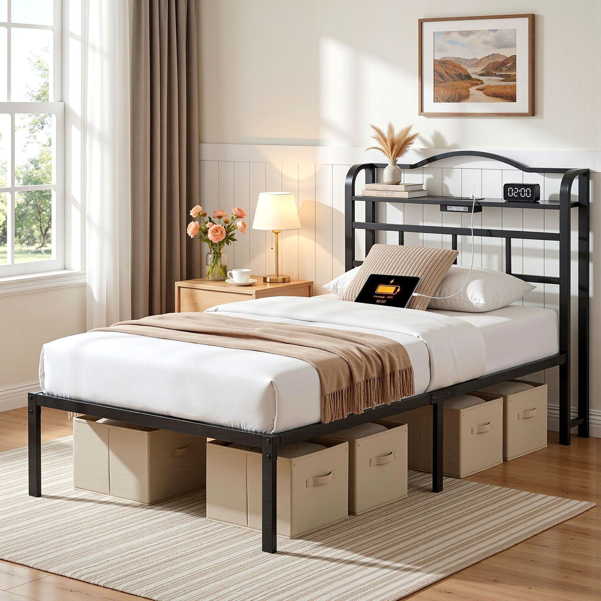 Bed Frame Single Size with Charging Station WAVE-1