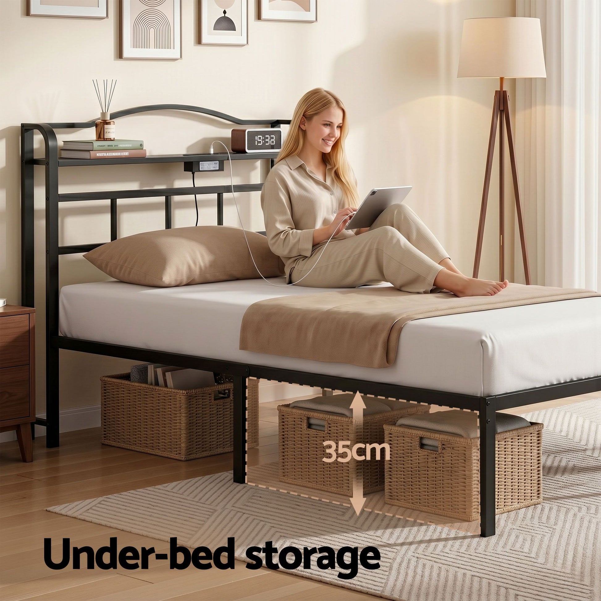Bed Frame Single Size with Charging Station WAVE-5