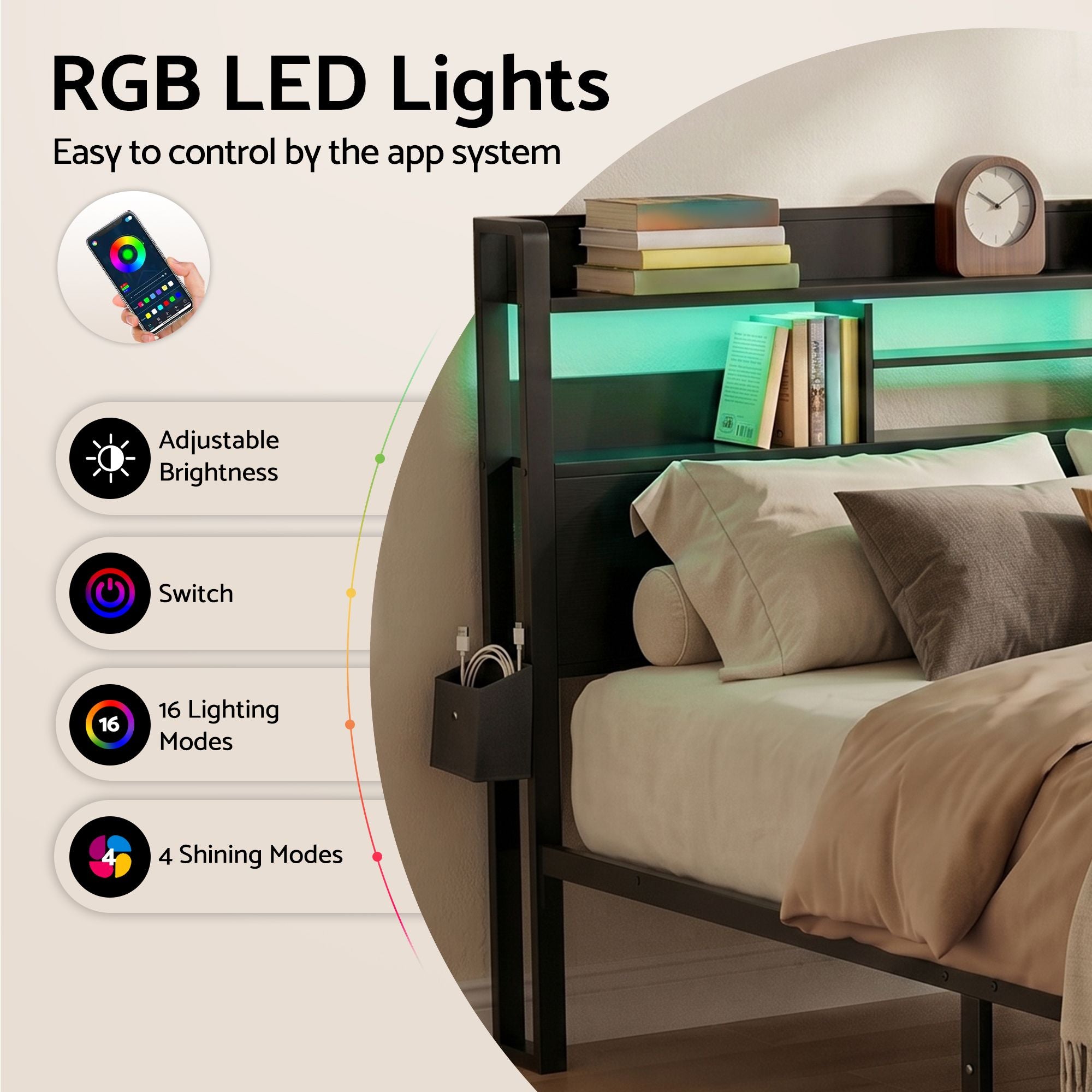 Bed Frame Double with Charging Station Storage Organiser Drawers LED