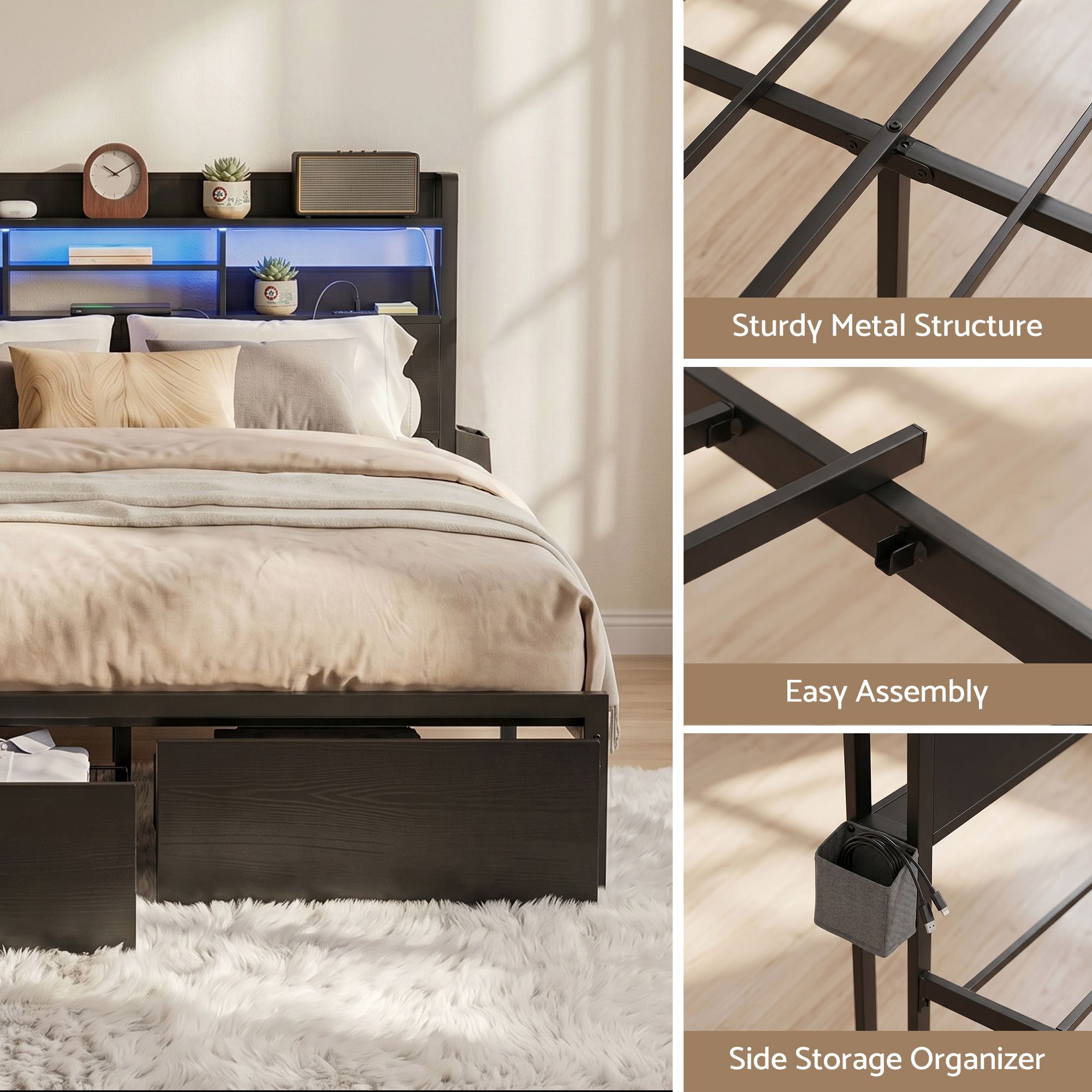 Bed Frame King with Charging Station Storage Organiser Drawers LED