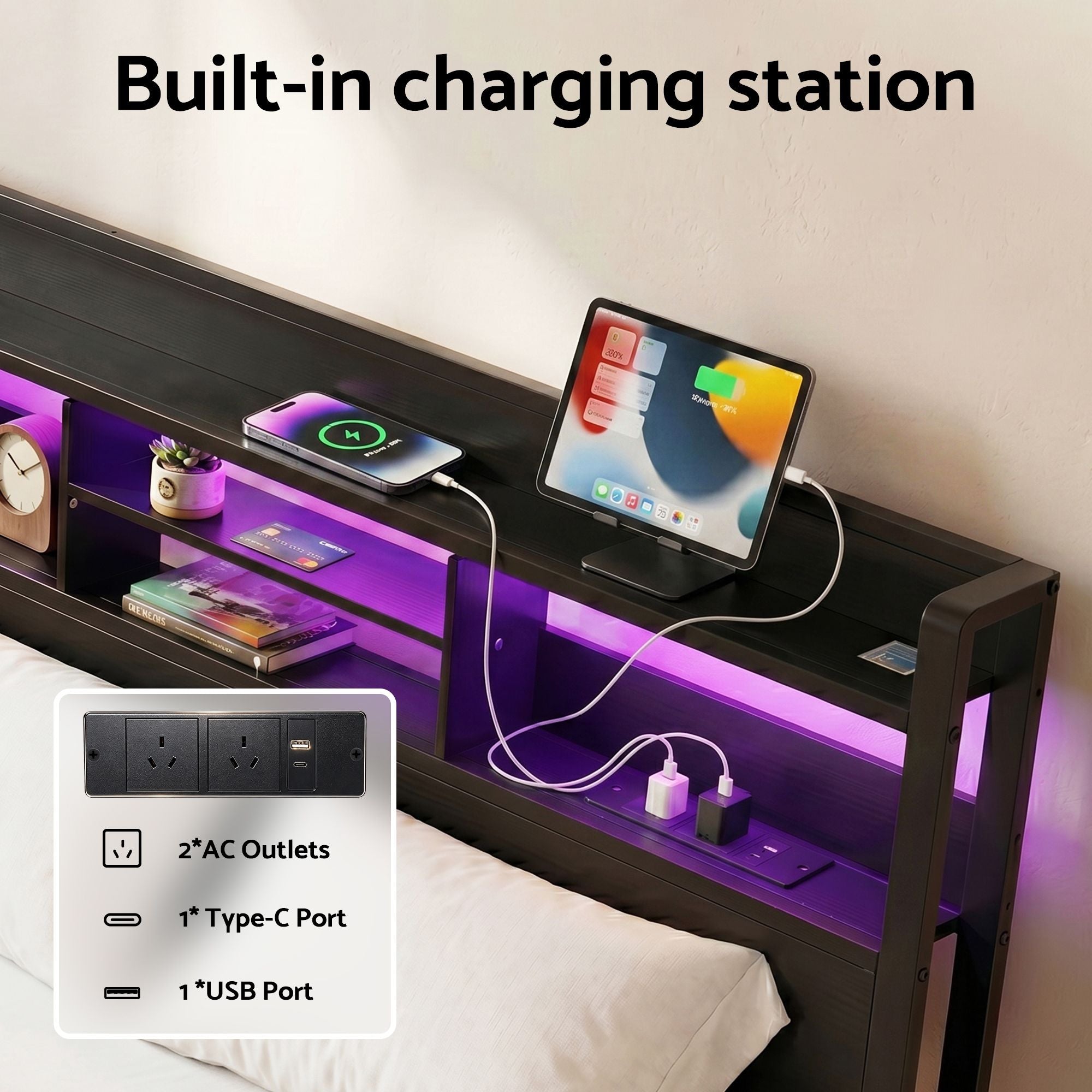 Bed Frame Queen with Charging Station Storage Organiser Drawers LED
