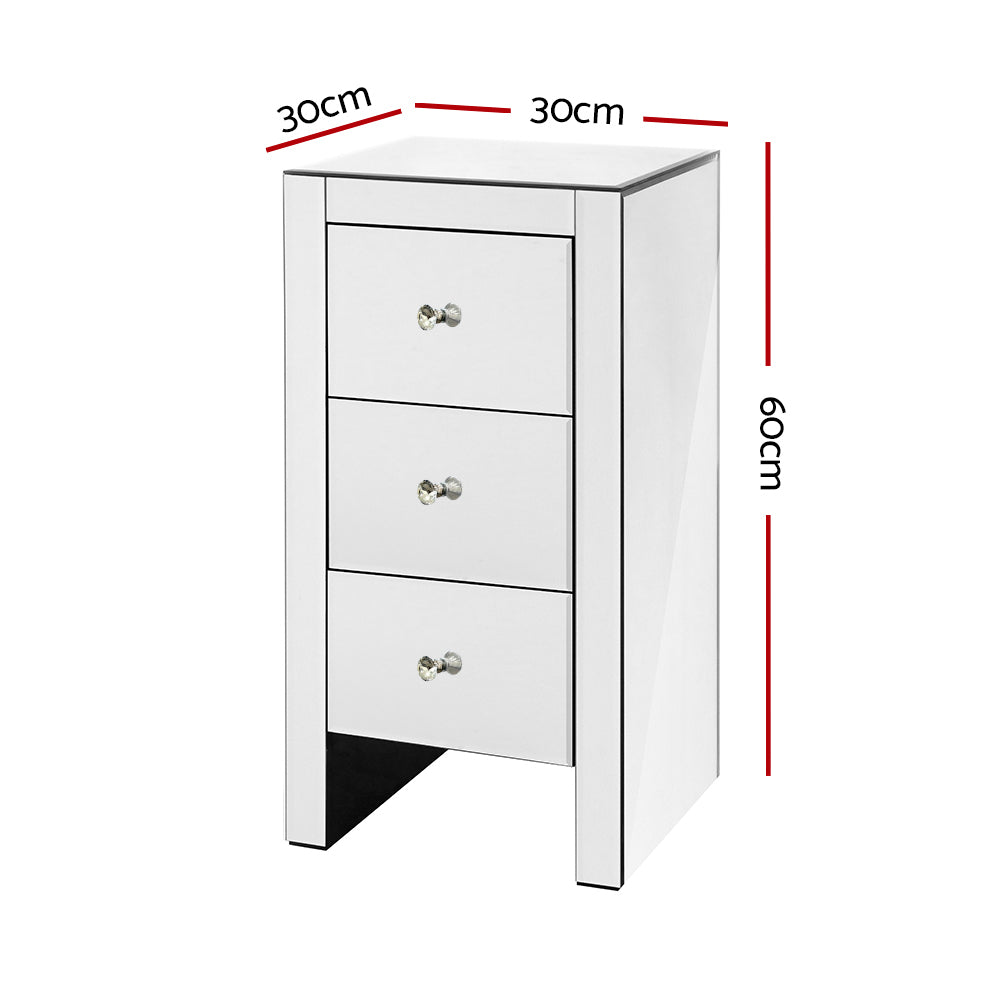 Mirrored Bedside table Drawers Furniture Mirror Glass Quenn Silver