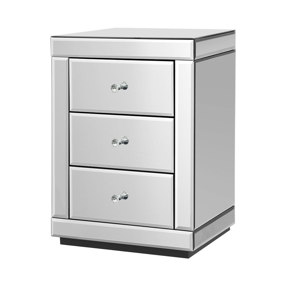 Mirrored Bedside Table Drawers Furniture Mirror Glass Presia Silver with three drawers and crystal knob handles in bedroom furniture style