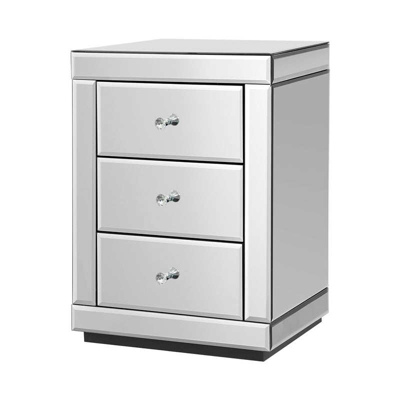 Mirrored Bedside Table Drawers Furniture Mirror Glass Presia Silver with three drawers and crystal knob handles in bedroom furniture style