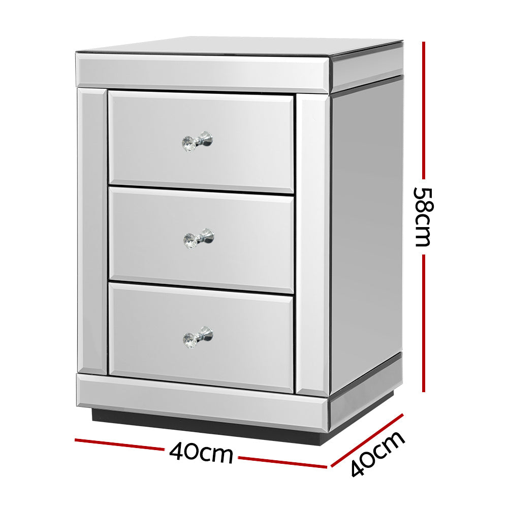 Mirrored Bedside Table Drawers Furniture Mirror Glass Presia Silver with three drawers and crystal knobs for bedroom furniture