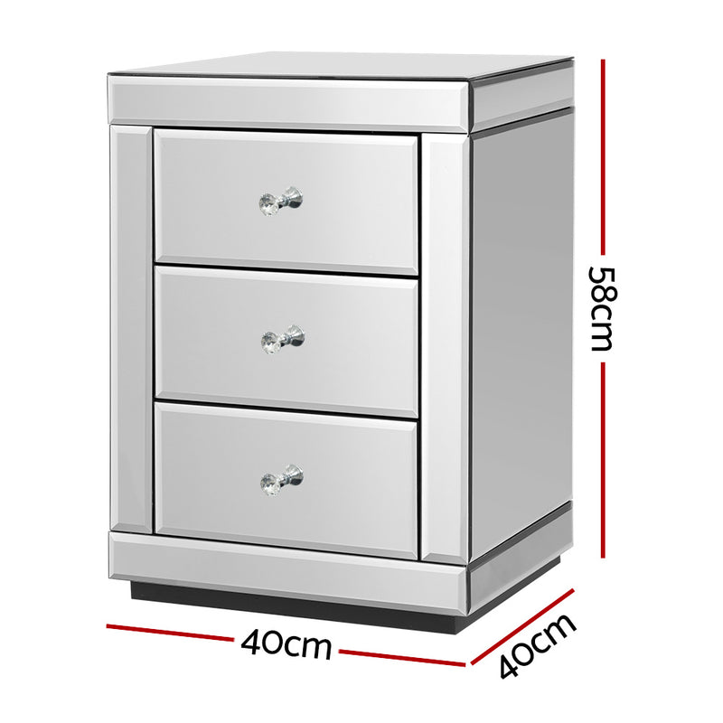 Mirrored Bedside Table Drawers Furniture Mirror Glass Presia Silver with three drawers and crystal knobs for bedroom furniture