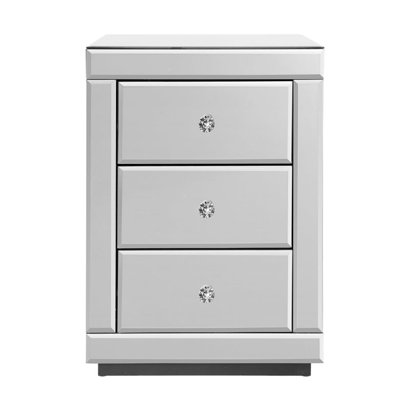 Mirrored Bedside Table Drawers Furniture Mirror Glass Presia Silver with three drawers and crystal knobs on white background