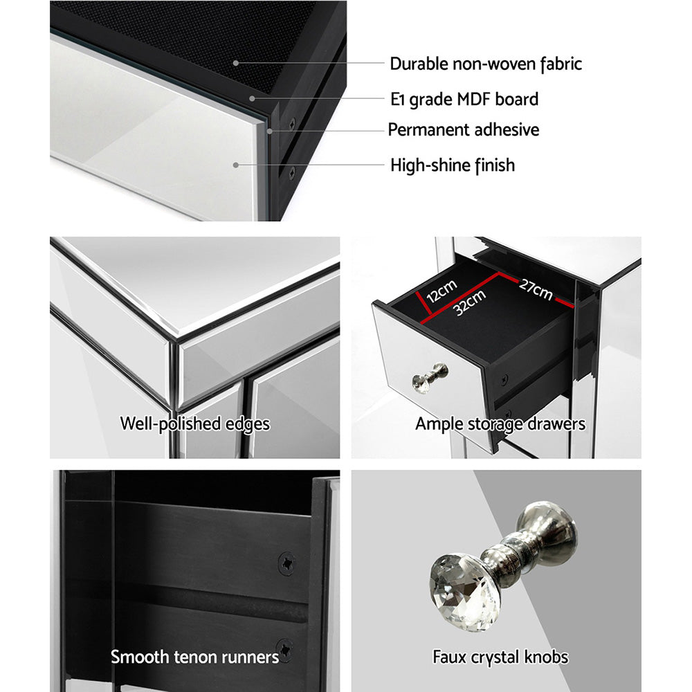 Mirrored Bedside Table Drawers Furniture Mirror Glass Presia Silver with bevelled edges, crystal knobs, and ample storage drawers