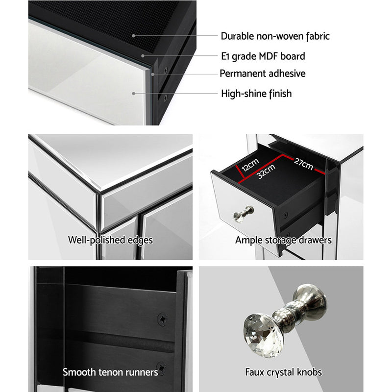 Mirrored Bedside Table Drawers Furniture Mirror Glass Presia Silver with bevelled edges, crystal knobs, and ample storage drawers
