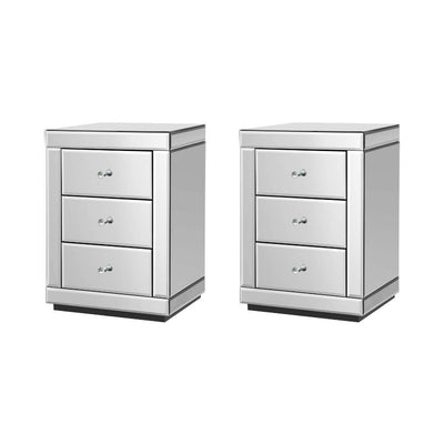 Set of 2 Bedside Tables Drawers Mirrored Side End Table Cabinet Nightstand with three drawers and crystal knobs in bedroom furniture style