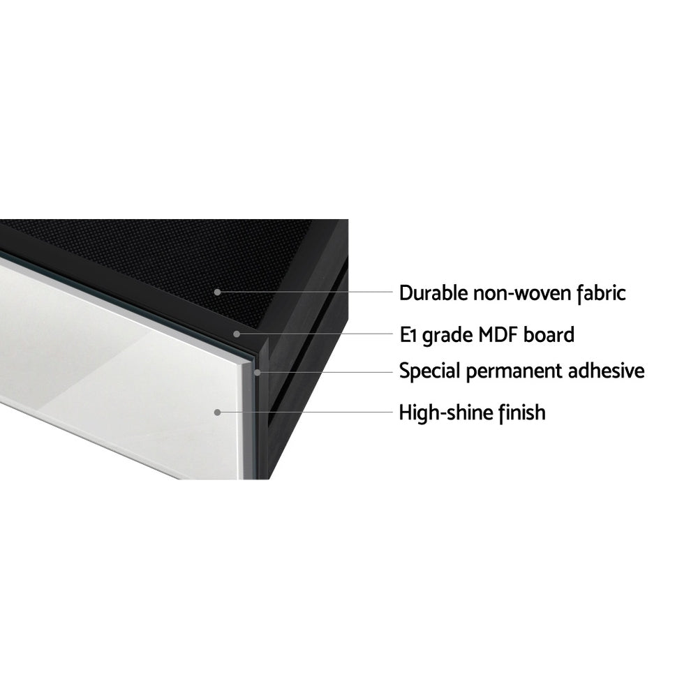 Close-up of Set of 2 Bedside Tables Drawers Mirrored Side End Table Cabinet Nightstand showing durable fabric, E1 MDF board, adhesive, and high-shine finish