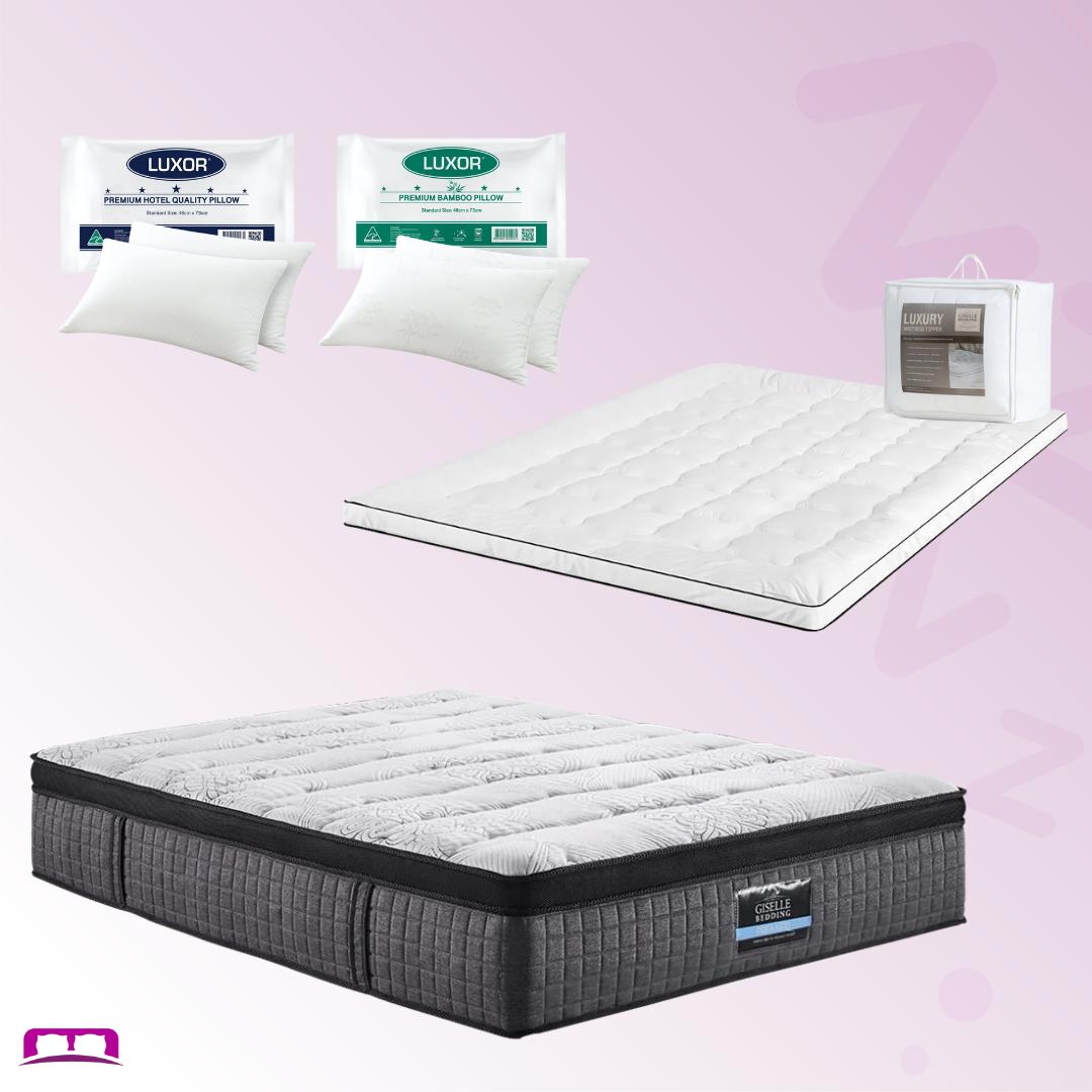 Queen Comfort Package | Marc Series Euro Top Mattress (Medium Firm), Deluxe Pillowtop Topper, 2 Deluxe & 2 Cooling Pillows