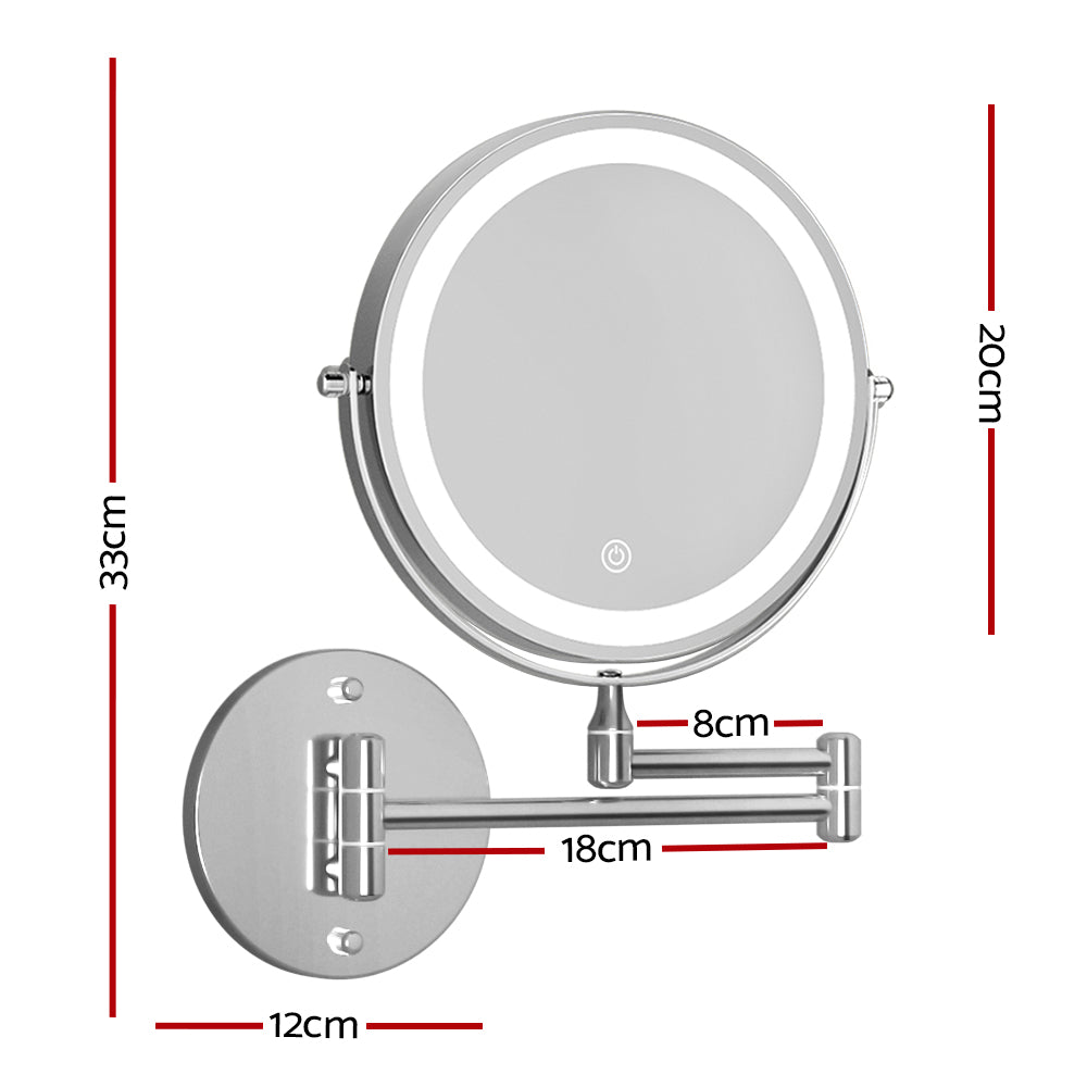 Extendable Makeup Mirror 10X Magnifying Double-Sided Bathroom Silver with LED ring light and adjustable arm mounting on wall