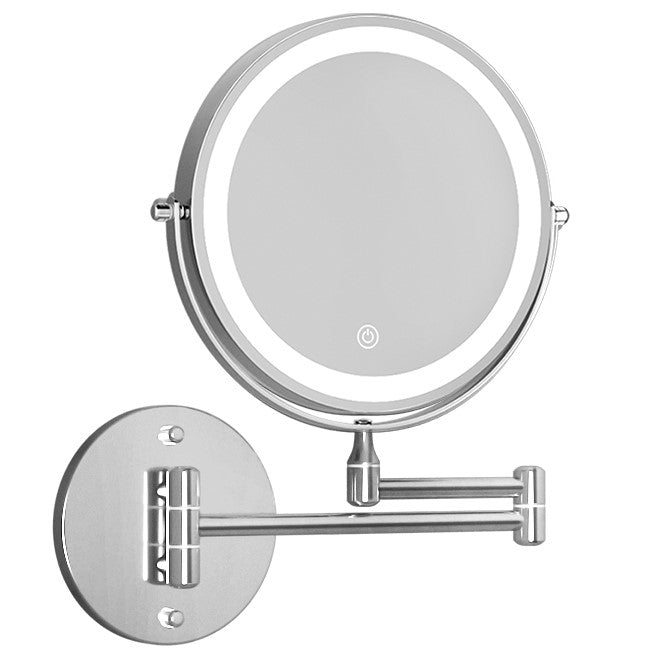 Extendable Makeup Mirror 10X Magnifying Double-Sided Bathroom Silver with LED light and touch sensor on adjustable arm wall mount