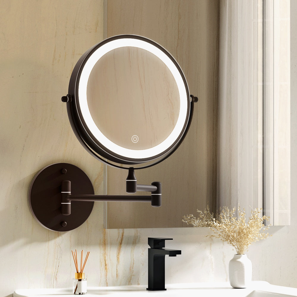 Extendable Makeup Mirror 10X Magnifying Double-Sided Bathroom Brown with LED light ring mounted on wall above sink