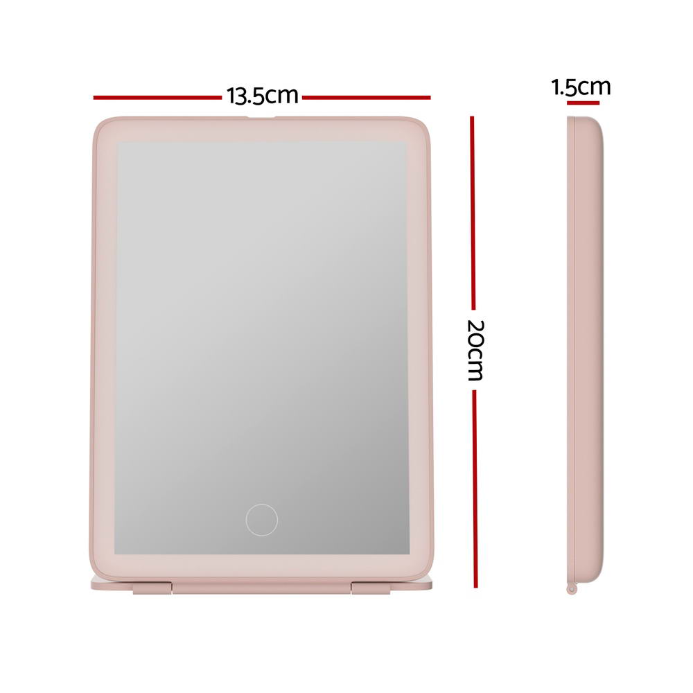 Compact Makeup Mirror w/ LED Light Portable Foldable Travel Beauty Pink with touch control and dimensions 20cm by 13.5cm by 1.5cm