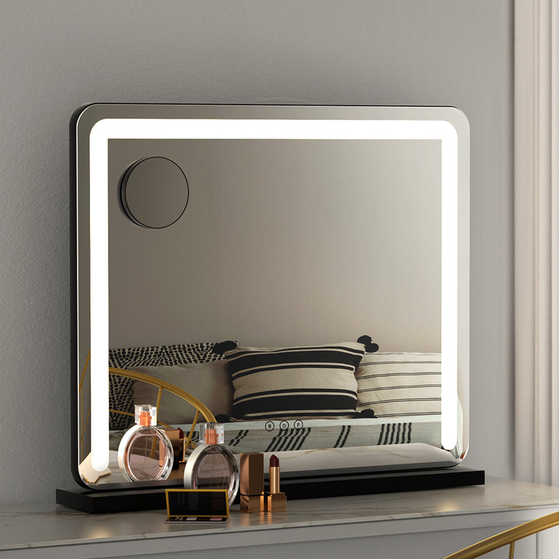 Makeup Mirror 60x50cm Hollywood Vanity with LED Light Tabletop Black placed on a vanity with cosmetics and reflection.