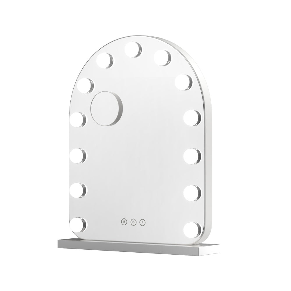 Makeup Mirror 40x50cm Dressing Vanity LED Bulb Light with 5x Magnification White Arch with touch controls on white background