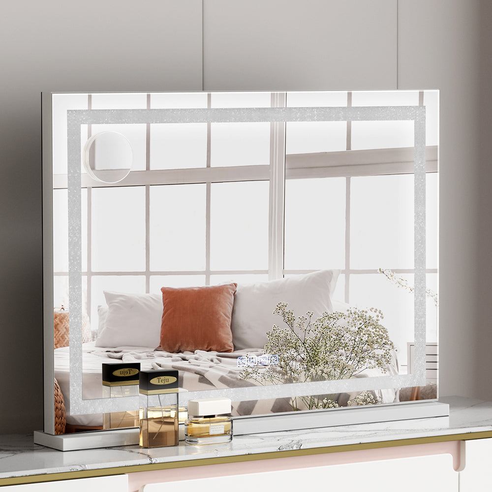 Bluetooth Makeup Mirror 80x58cm Hollywood Vanity with LED Light Crystal frame on marble surface in bright room