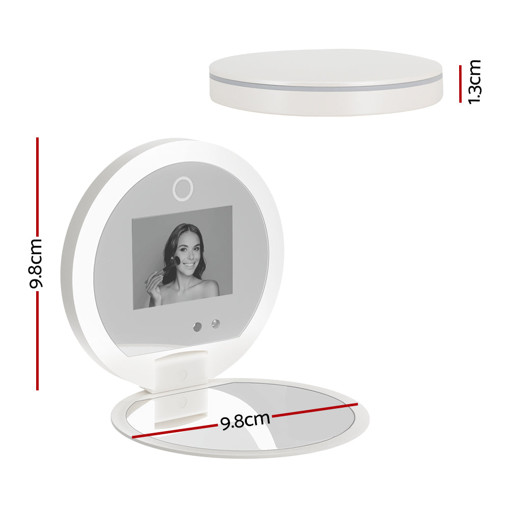 Compact Makeup Mirror with UV Camera for Sunscreen Test Portable Travel showing dimensions and dual-sided design with LED ring light.