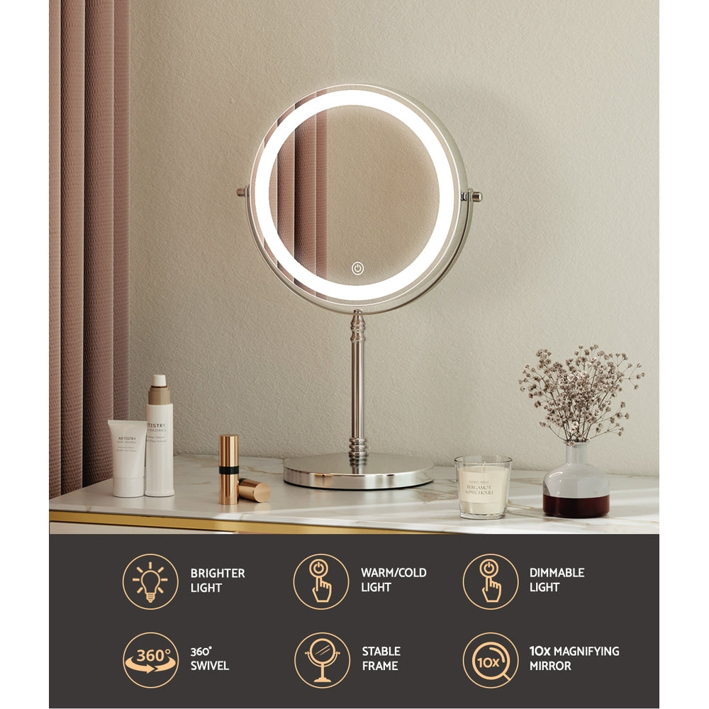 Makeup Mirror 20x20cm 10X Magnifying with LED Light Rotation Tabletop-4