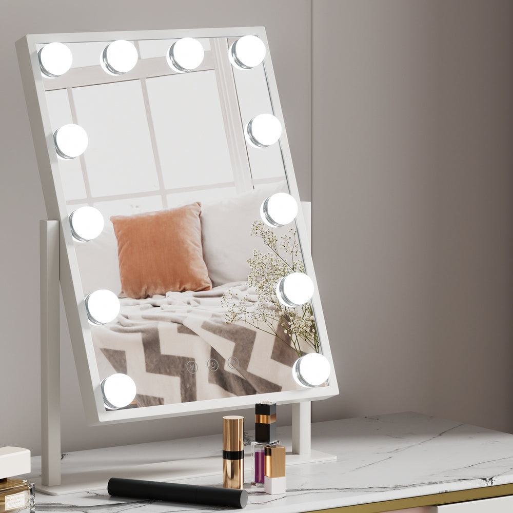 Makeup Mirror Hollywood Vanity with LED Light Rotation Tabletop White shown on marble surface with makeup items