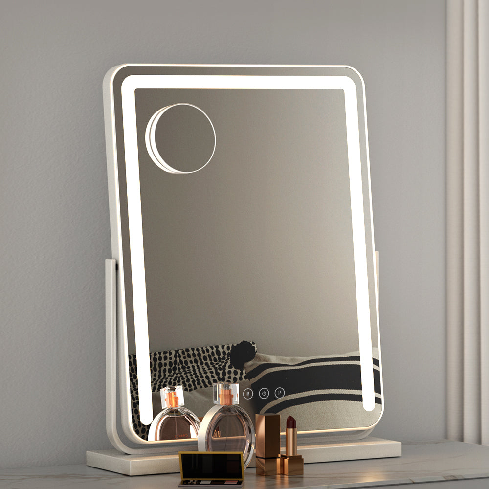 Makeup Mirror 40x50cm Hollywood Vanity with LED Light Strip Rotation, aluminum frame, round magnifier, with makeup items displayed