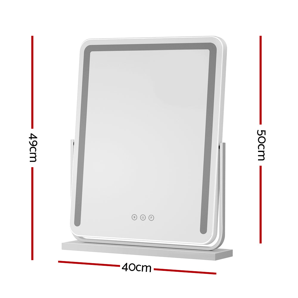 Makeup Mirror 40x50cm Hollywood Vanity with LED Light Strip Rotation, white frame with touch control buttons on white background