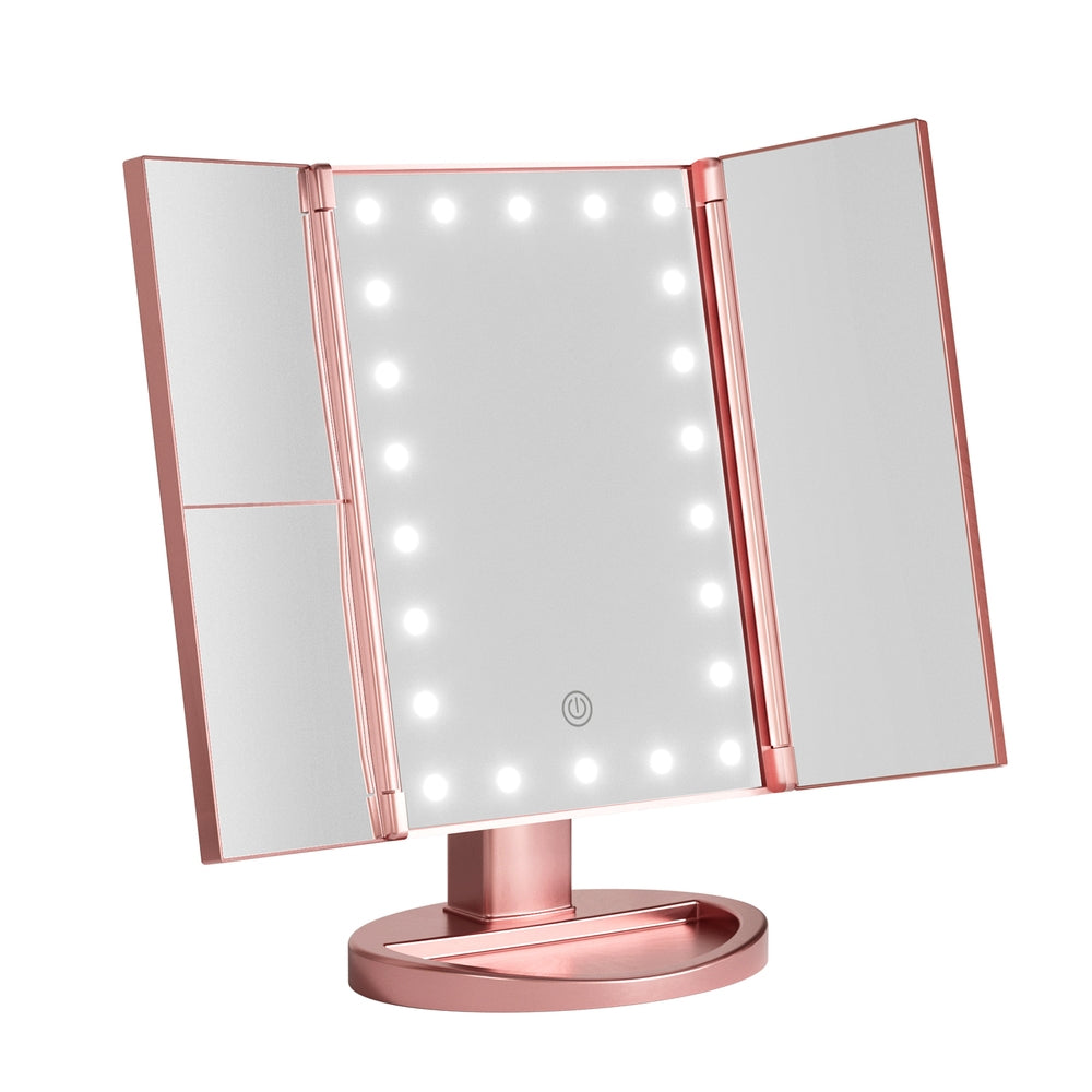 Tri-fold Makeup Mirror 1X2X3X Magnifying with LED Light Travel Portable Pink