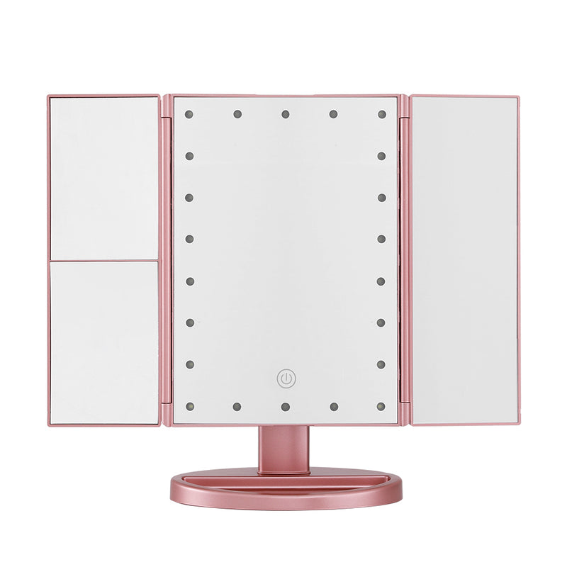 Tri-fold Makeup Mirror 1X2X3X Magnifying with LED Light Travel Portable Pink with touch sensor and LED bulbs lit up
