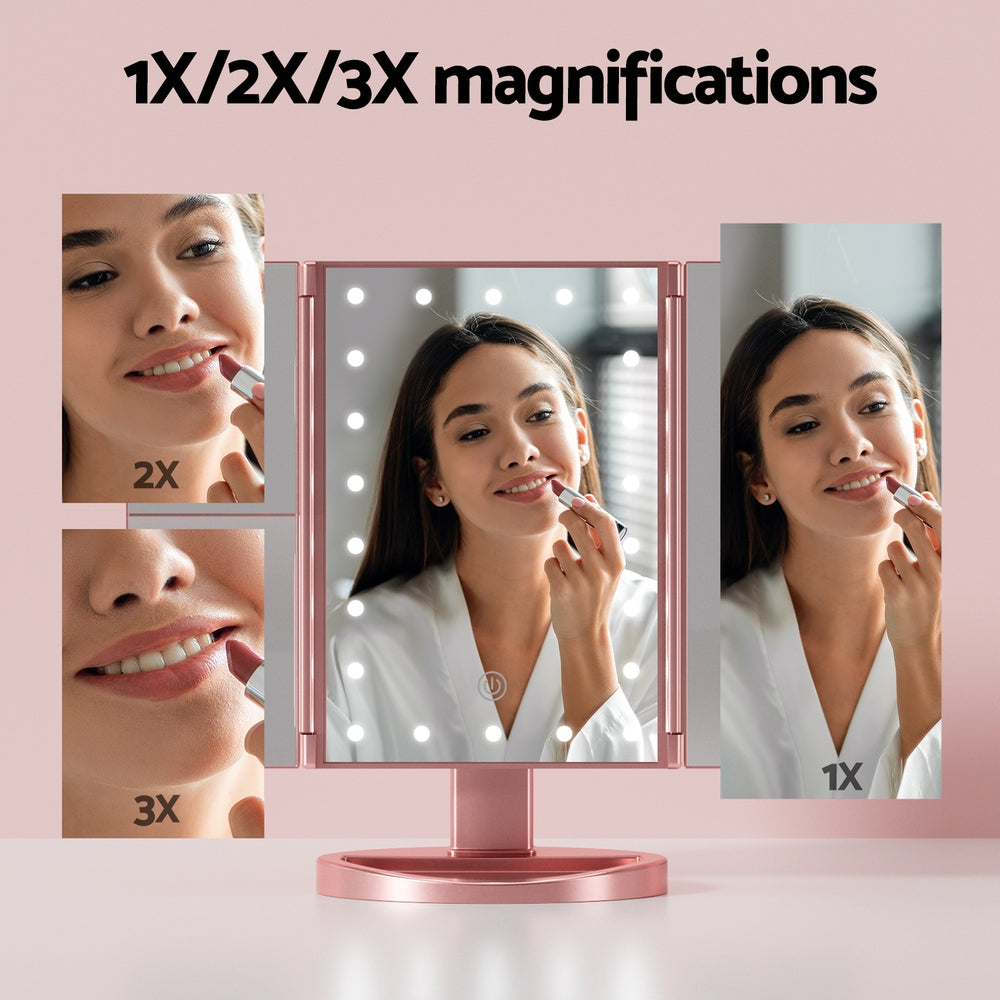 Tri-fold Makeup Mirror 1X2X3X Magnifying with LED Light Travel Portable Pink