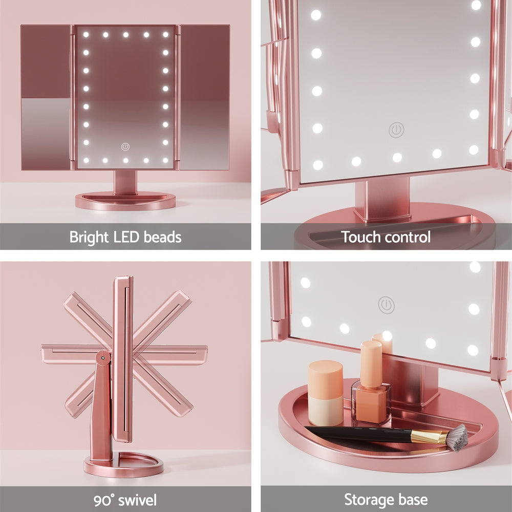 Tri-fold Makeup Mirror 1X2X3X Magnifying with LED Light Travel Portable Pink shown with LED lights, touch control, swivel, and storage base