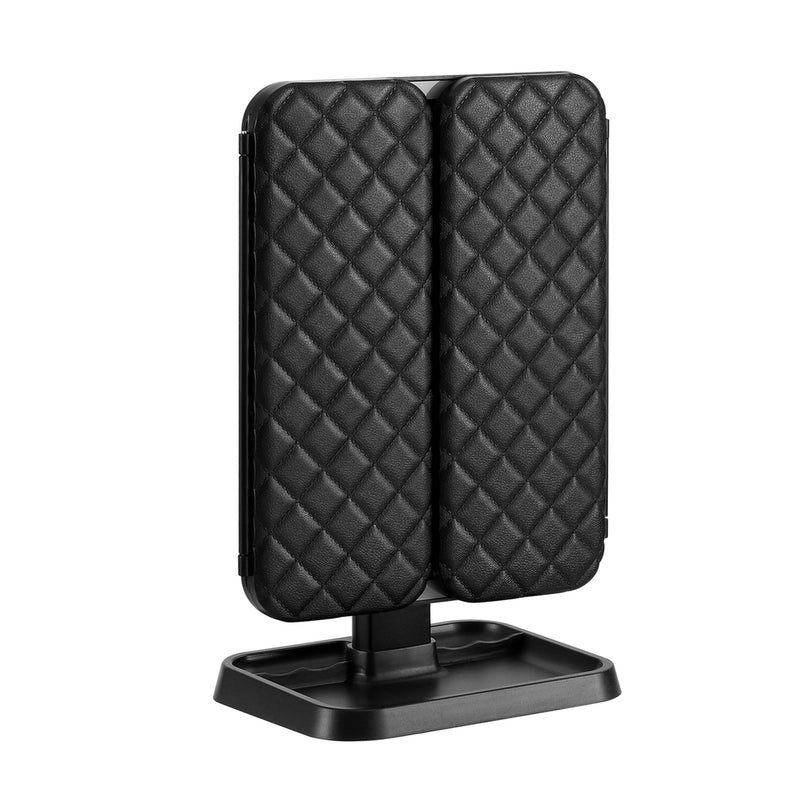 LED Makeup Mirror Tri-fold Lighted Vanity Mirrors 1X2X3X Magnifications with quilted black cover on black base