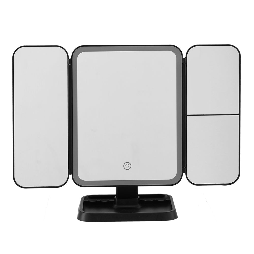 LED Makeup Mirror Tri-fold Lighted Vanity Mirrors 1X2X3X Magnifications with black frame and adjustable panels on white background