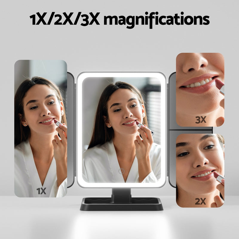 LED Makeup Mirror Tri-fold Lighted Vanity Mirrors 1X2X3X Magnifications with bright LED ring and adjustable brightness.