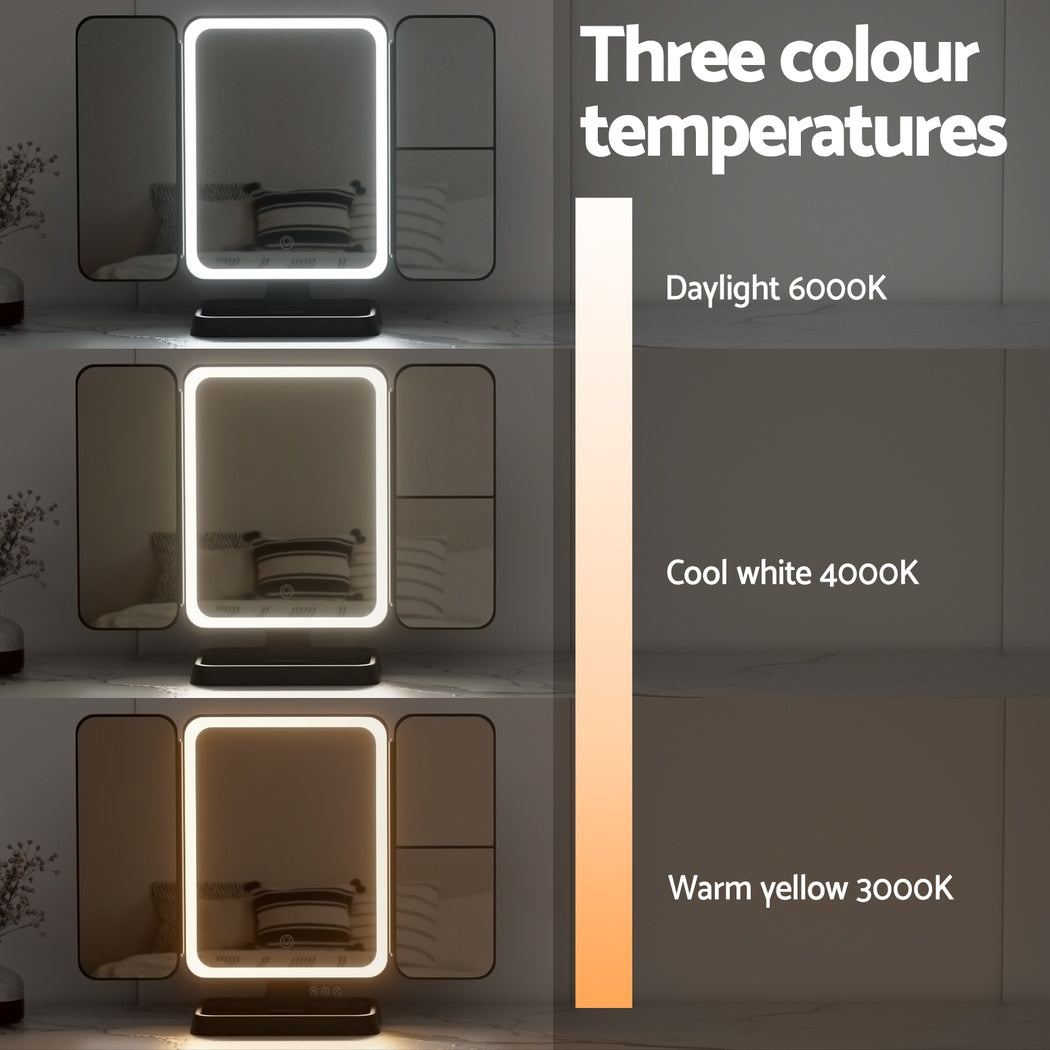 LED Makeup Mirror Tri-fold Lighted Vanity Mirrors 1X2X3X Magnifications showing three adjustable color temperatures on mirror panels