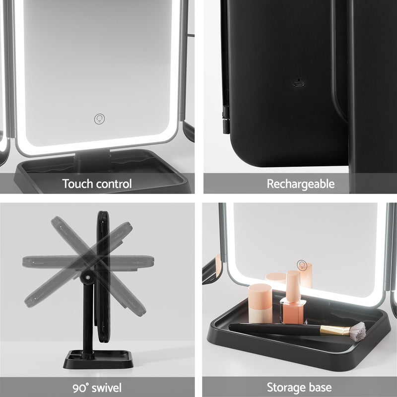 LED Makeup Mirror Tri-fold Lighted Vanity Mirrors 1X2X3X Magnifications with touch control, rechargeable, 90° swivel, and storage base.