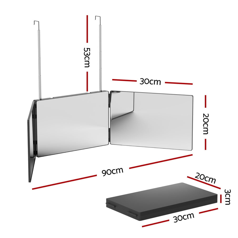 Trifold Mirror Makeup Portable with Height Adjustable 3 Way Telescoping Hook Hair Cutting Styling