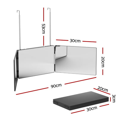 Trifold Mirror Makeup Portable with Height Adjustable 3 Way Telescoping Hook Hair Cutting Styling