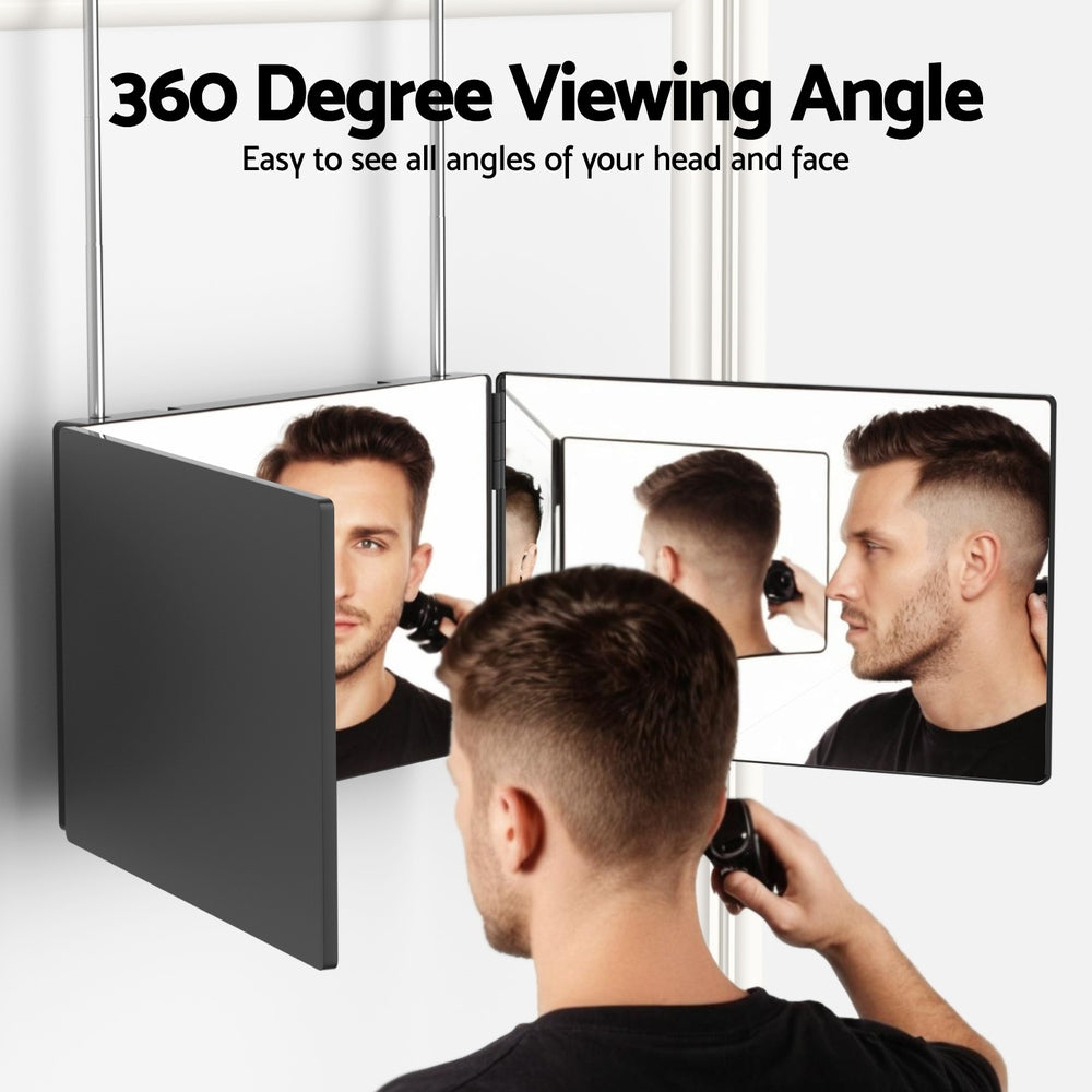 Trifold Mirror Makeup Portable with Height Adjustable 3 Way Telescoping Hook Hair Cutting Styling-4
