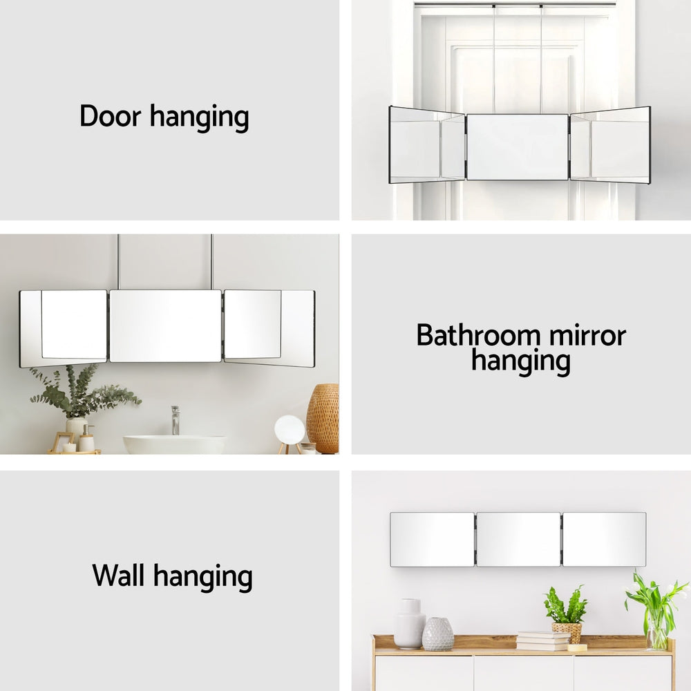 Trifold Mirror Makeup Portable with Height Adjustable 3 Way Telescoping Hook Hair Cutting Styling-6