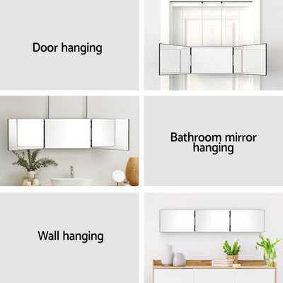 Trifold Mirror Makeup Portable with Height Adjustable 3 Way Telescoping Hook Hair Cutting Styling