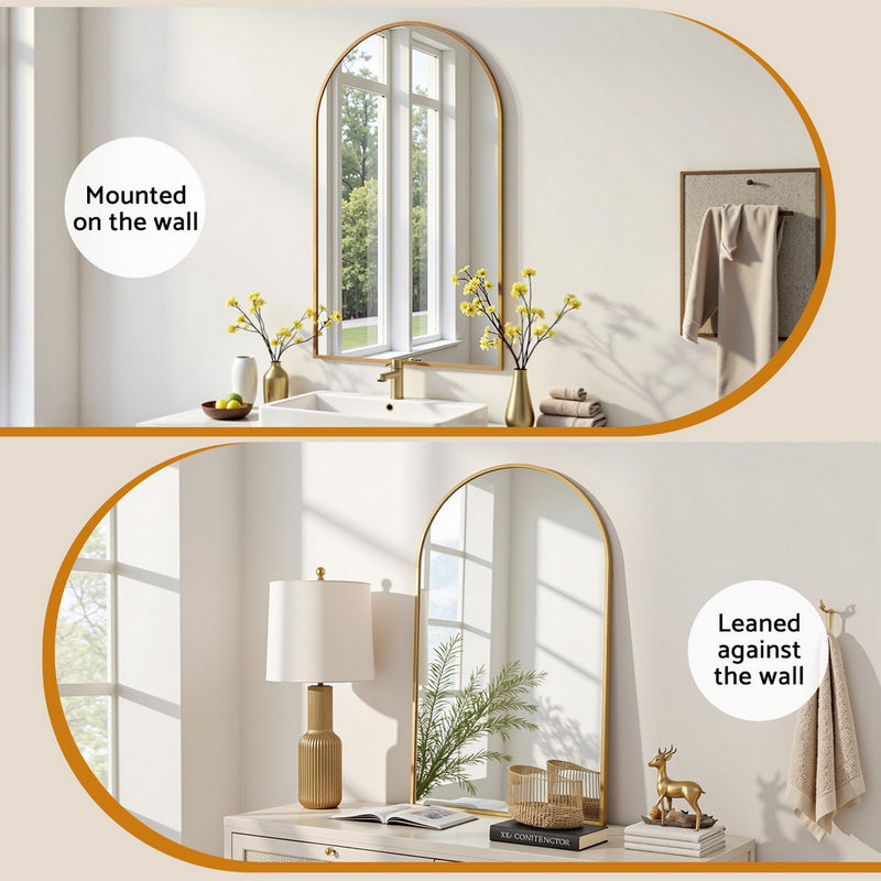 86x50cm Arched Wall Mirror Vanity Makeup Home Decor with slim gold frame shown mounted and leaned against wall