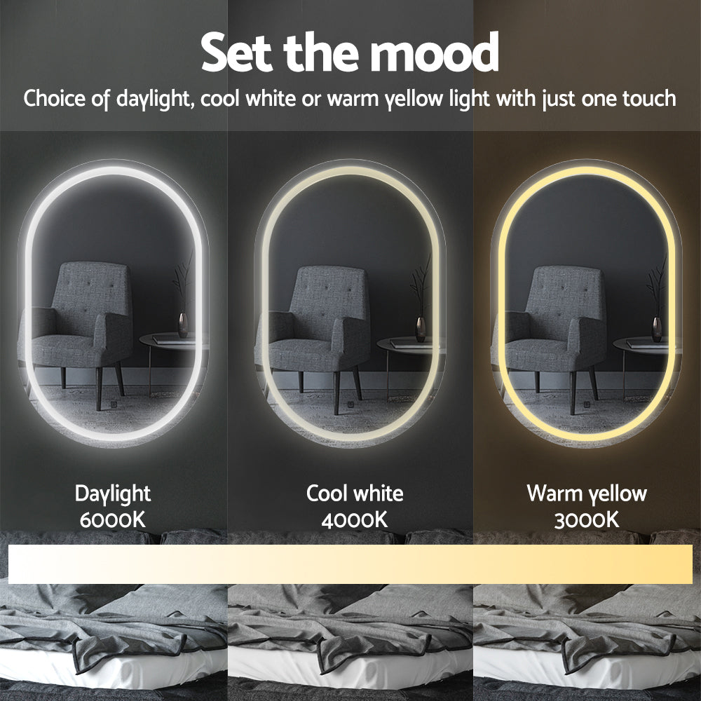 2 LED Wall Mirror With Light 50X75CM Bathroom Decor Oval Mirrors Vanity showing daylight, cool white, and warm yellow light modes